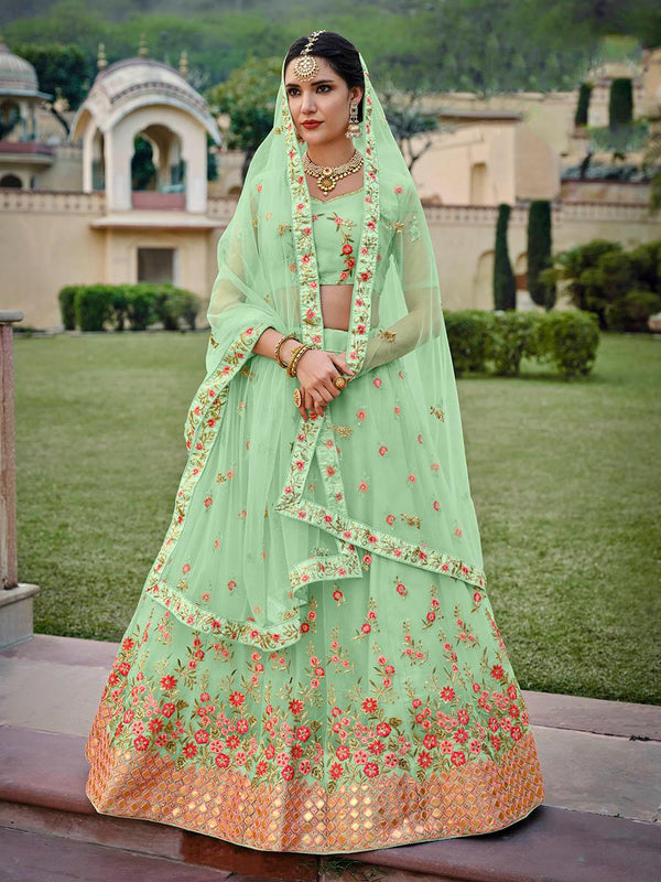 Women's Mint Green Net Heavy Embroidered Designer Lehenga - Myracouture - Indiakreations