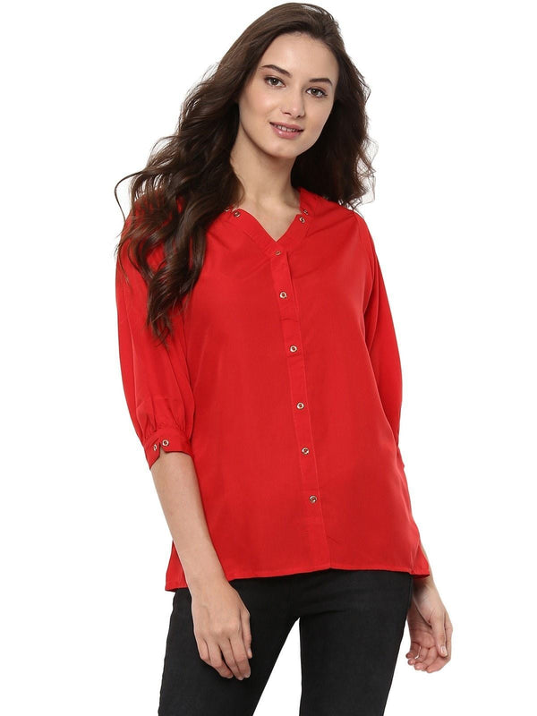 Women's Red Shirt Top With Detailed Notch Designs - Pannkh