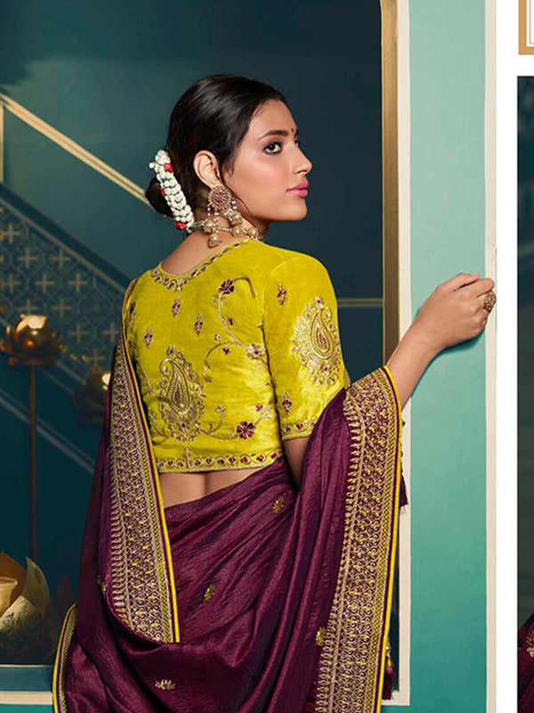 Dark Purple Classic Silk Saree With Lime Yellow Blouse