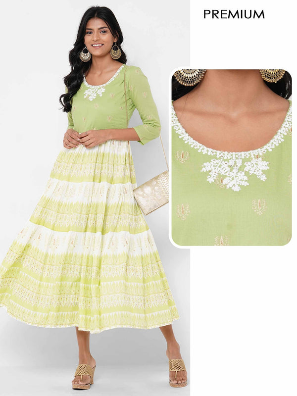 Floral Printed Tiered Dress – Green - Indiakreations