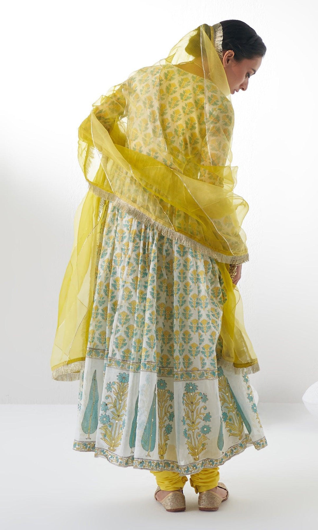 Jahanara Yellow Block Printed Embroidered Anarkali With Churidar and Dupatta - Set of 3 - RTS - Indiakreations