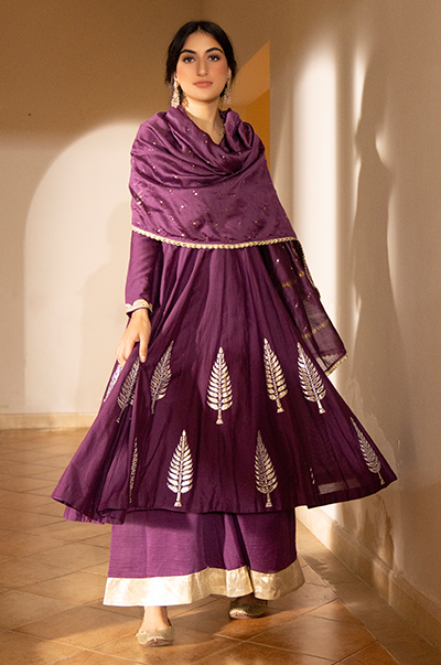 Kalista Purple Foil Print Anarkali with Palazzo and Dupatta- Set of 3