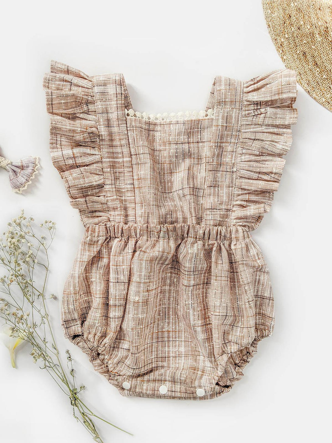 Girl's 100% Cotton Beige Frilled Straps Romper - HALEMONS - Indiakreations