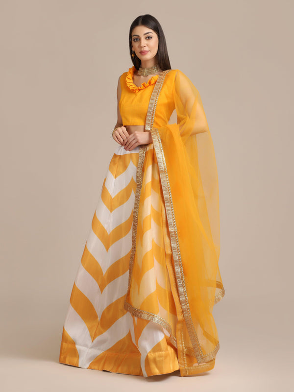 Yellow Printed Lehenga Choli Set with Stripes - Indiakreations
