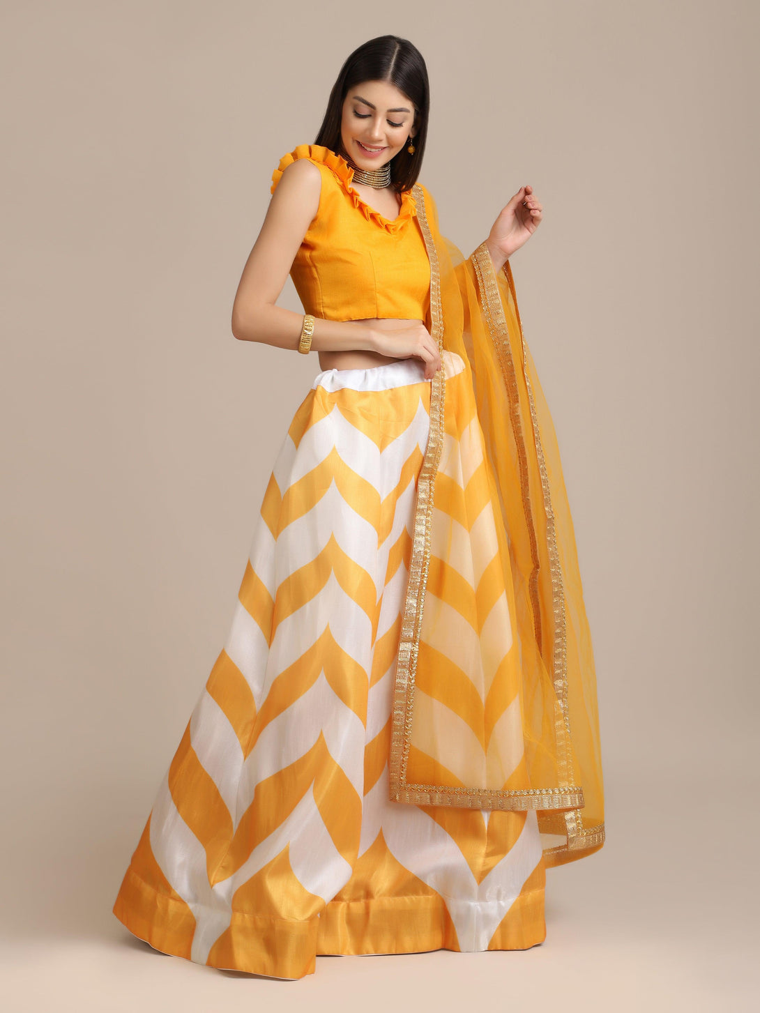 Yellow Printed Lehenga Choli Set with Stripes - Indiakreations