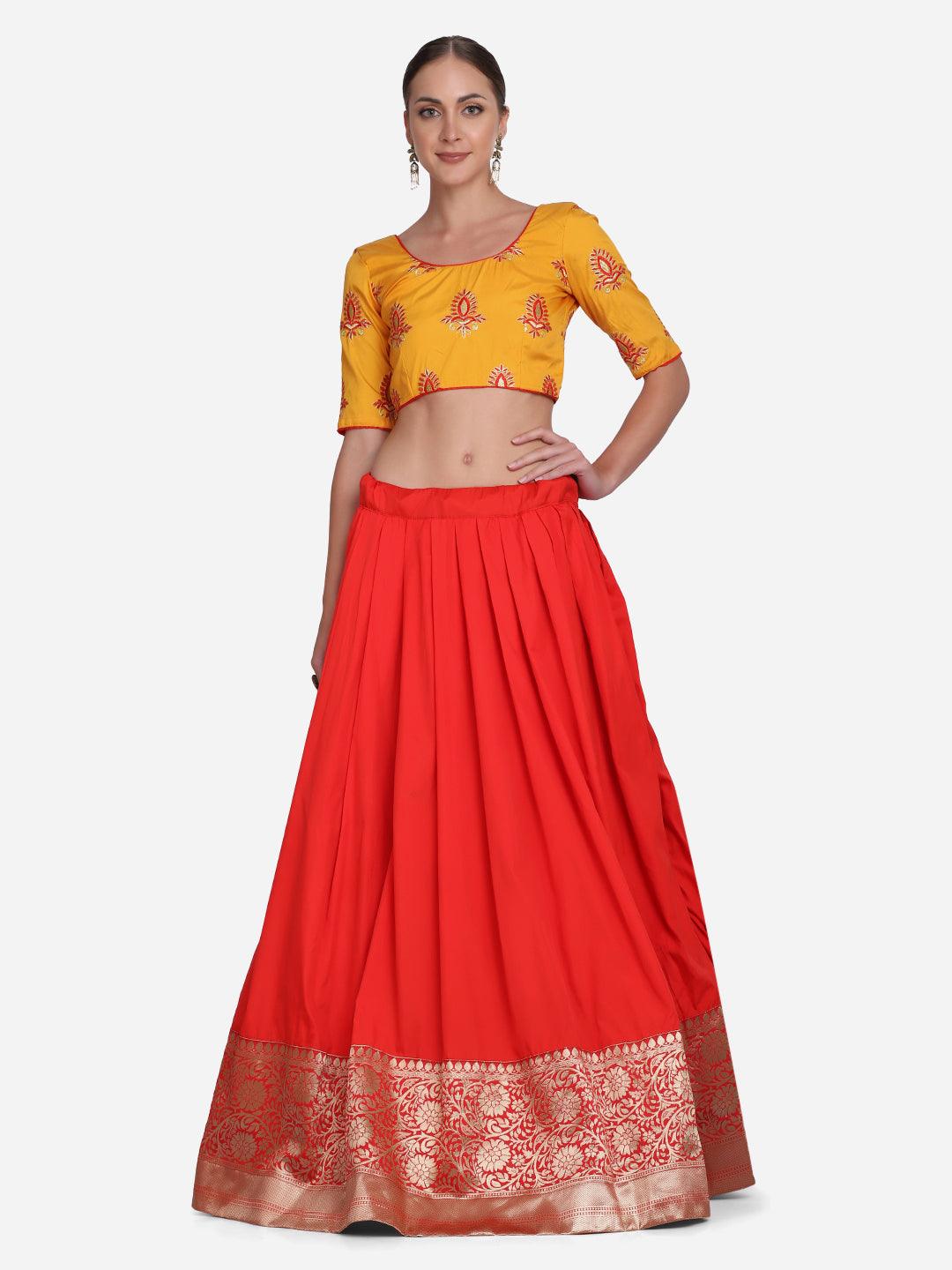 Red and Yellow Taffeta Silk Lehenga Choli with Lace Work - Indiakreations