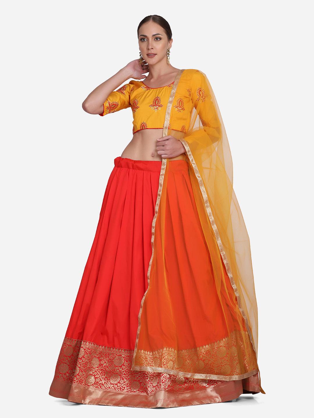 Red and Yellow Taffeta Silk Lehenga Choli with Lace Work - Indiakreations