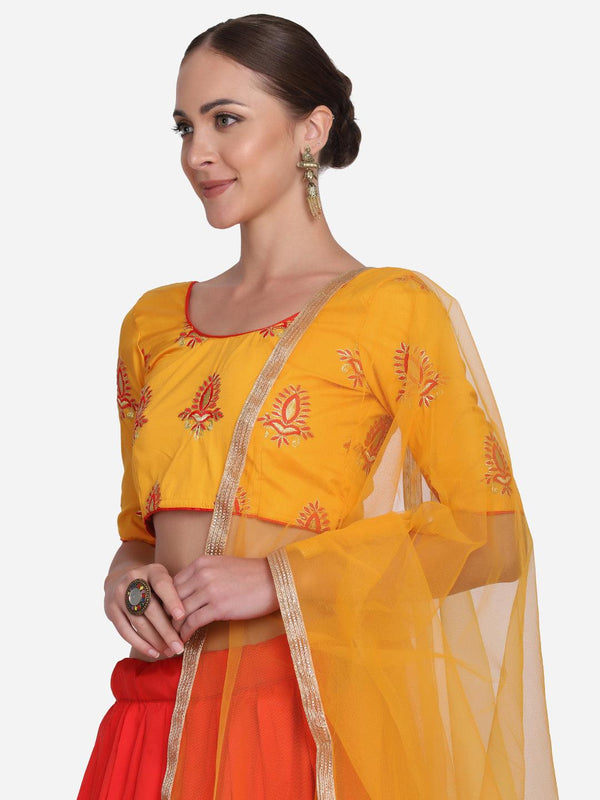 Red and Yellow Taffeta Silk Lehenga Choli with Lace Work - Indiakreations
