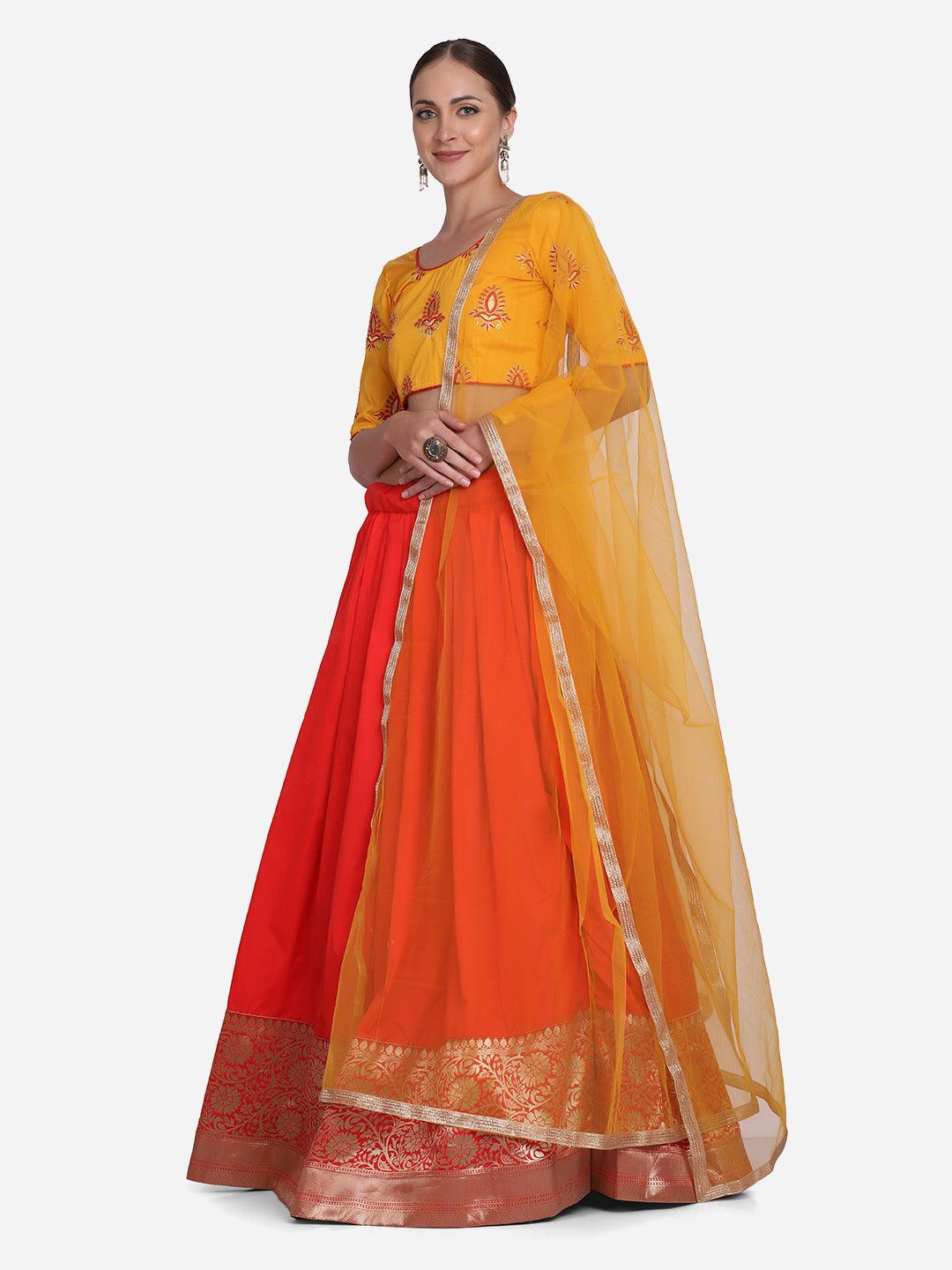 Red and Yellow Taffeta Silk Lehenga Choli with Lace Work - Indiakreations