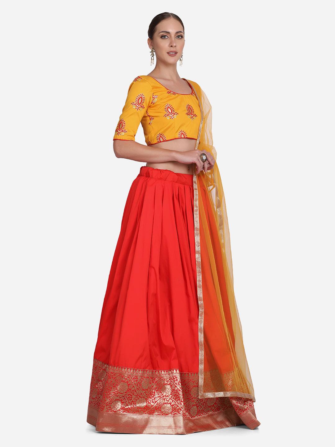 Red and Yellow Taffeta Silk Lehenga Choli with Lace Work - Indiakreations