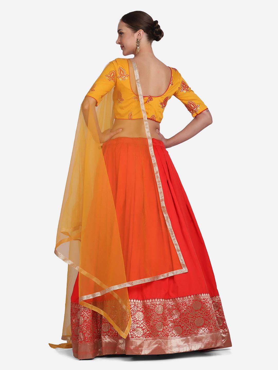 Red and Yellow Taffeta Silk Lehenga Choli with Lace Work - Indiakreations