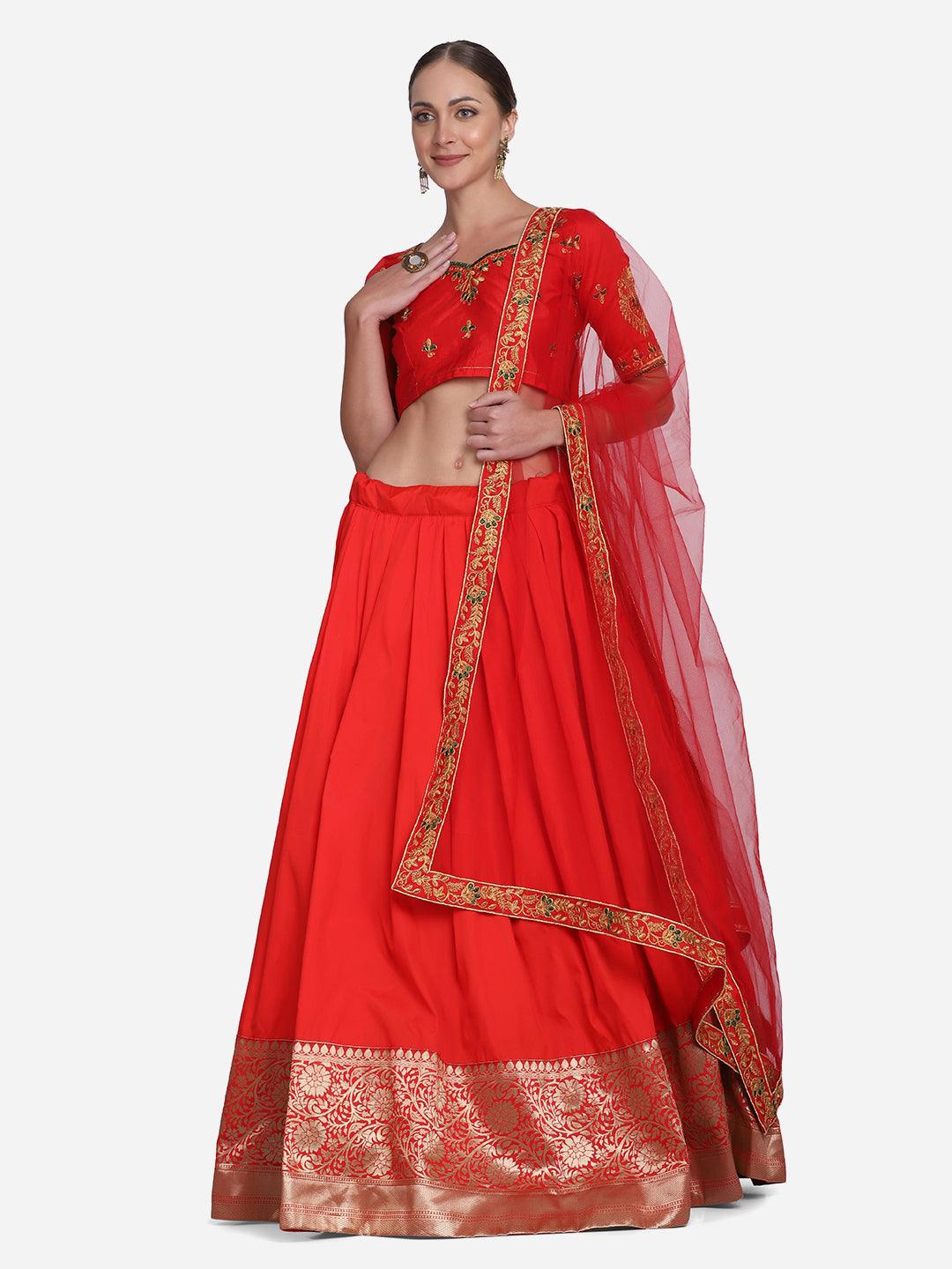 Red Taffeta Silk Lehenga Choli with Lace Work - Indiakreations