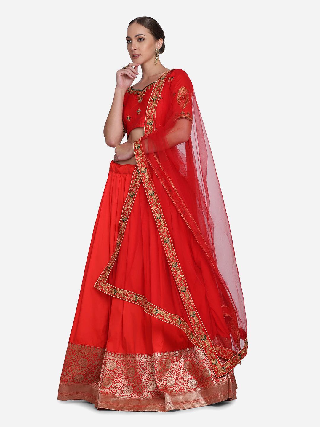 Red Taffeta Silk Lehenga Choli with Lace Work - Indiakreations