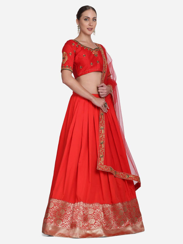 Red Taffeta Silk Lehenga Choli with Lace Work - Indiakreations