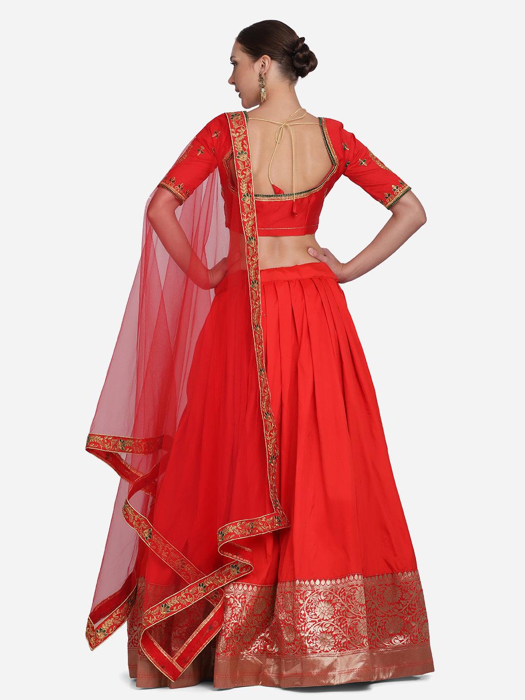 Red Taffeta Silk Lehenga Choli with Lace Work - Indiakreations