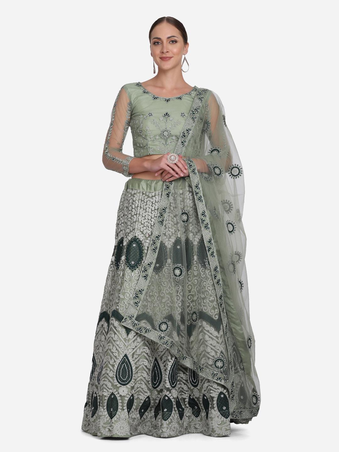 Light Green Net Lehenga Choli with Ethnic Embroidery - Indiakreations