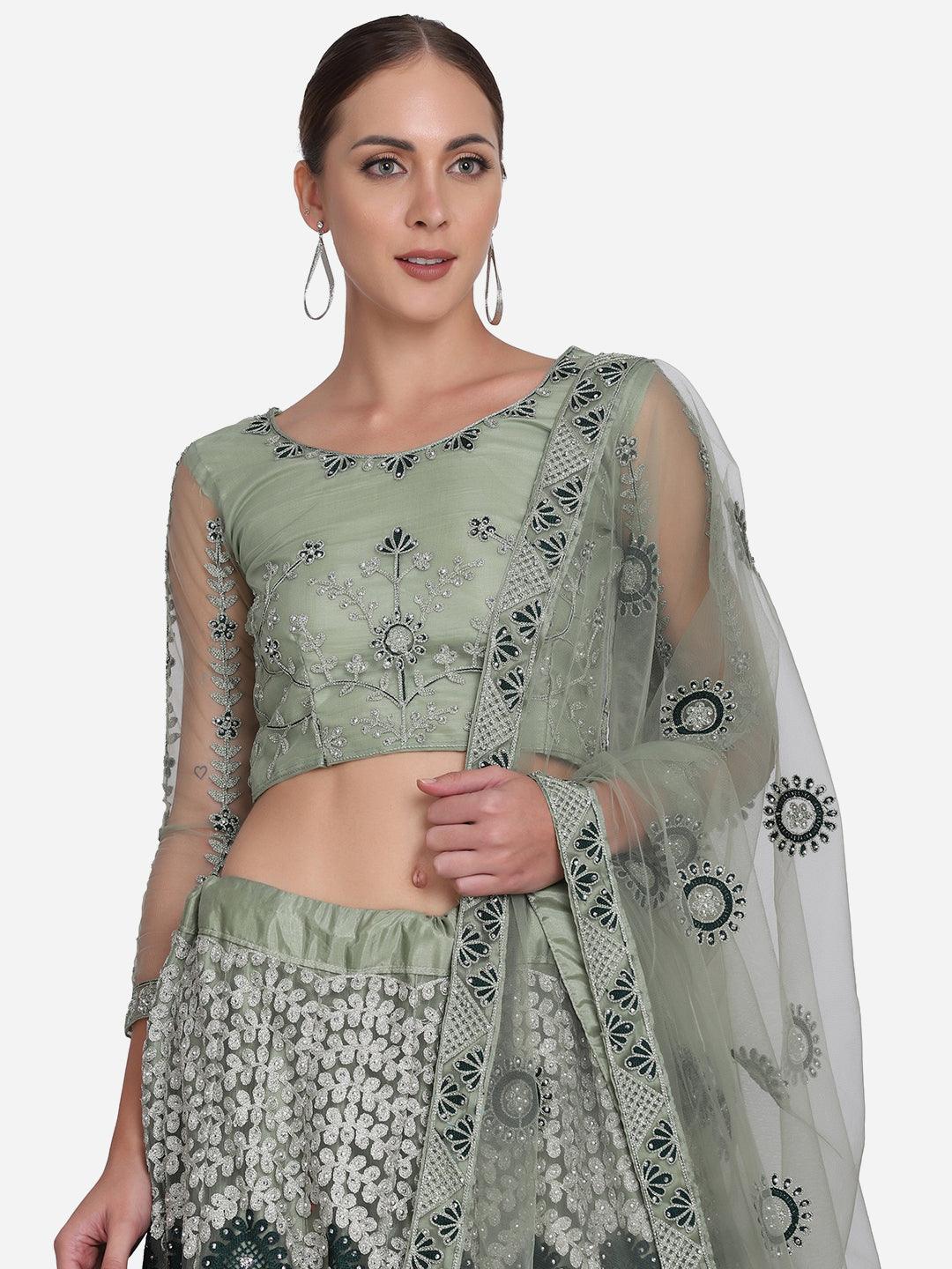 Light Green Net Lehenga Choli with Ethnic Embroidery - Indiakreations