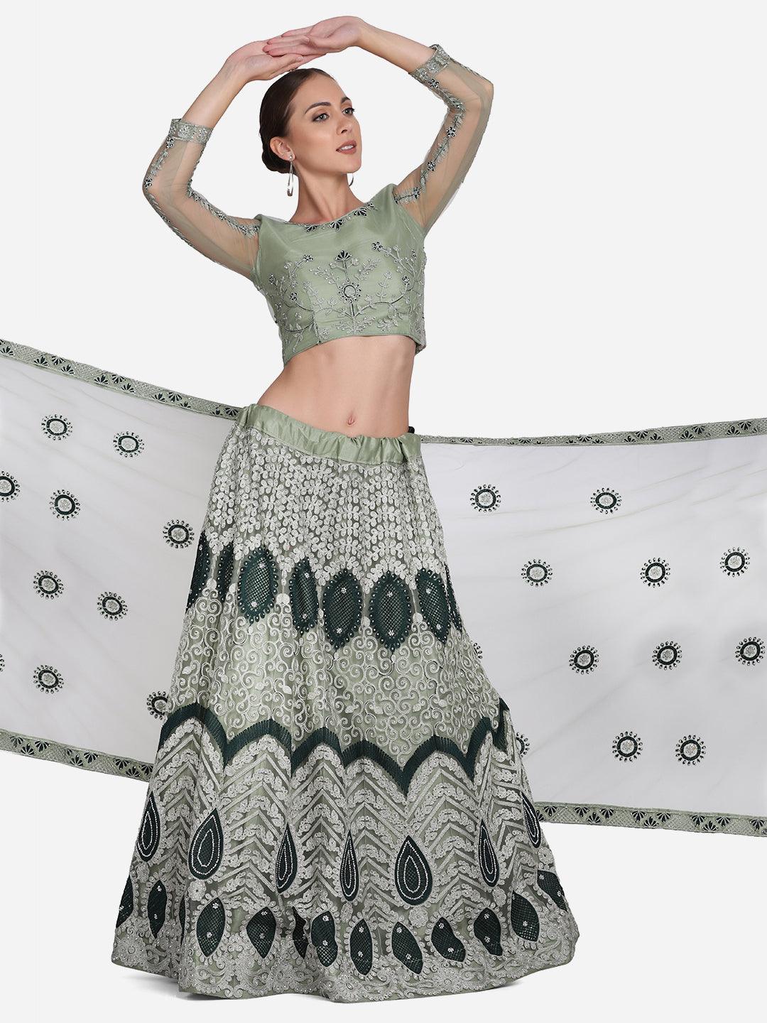 Light Green Net Lehenga Choli with Ethnic Embroidery - Indiakreations