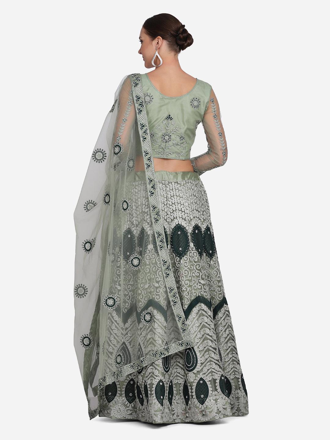 Light Green Net Lehenga Choli with Ethnic Embroidery - Indiakreations