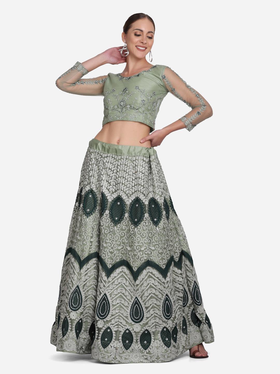 Light Green Net Lehenga Choli with Ethnic Embroidery - Indiakreations