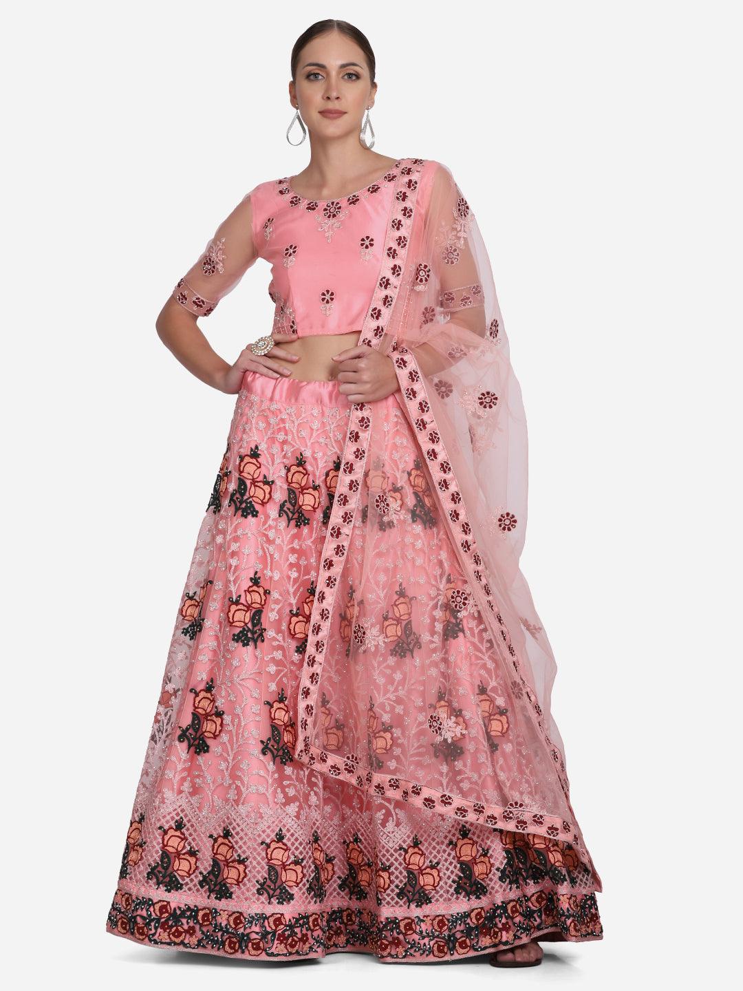 Light Pink Net Lehenga Choli with Ethnic Embroidery - Indiakreations