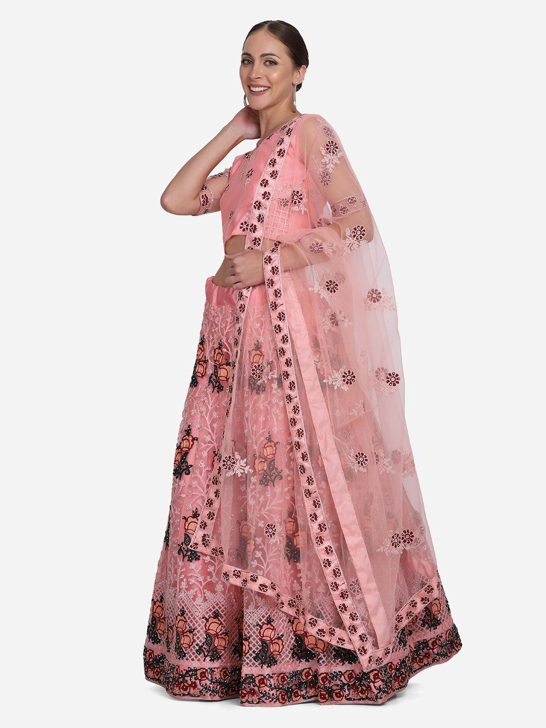 Light Pink Net Lehenga Choli with Ethnic Embroidery - Indiakreations