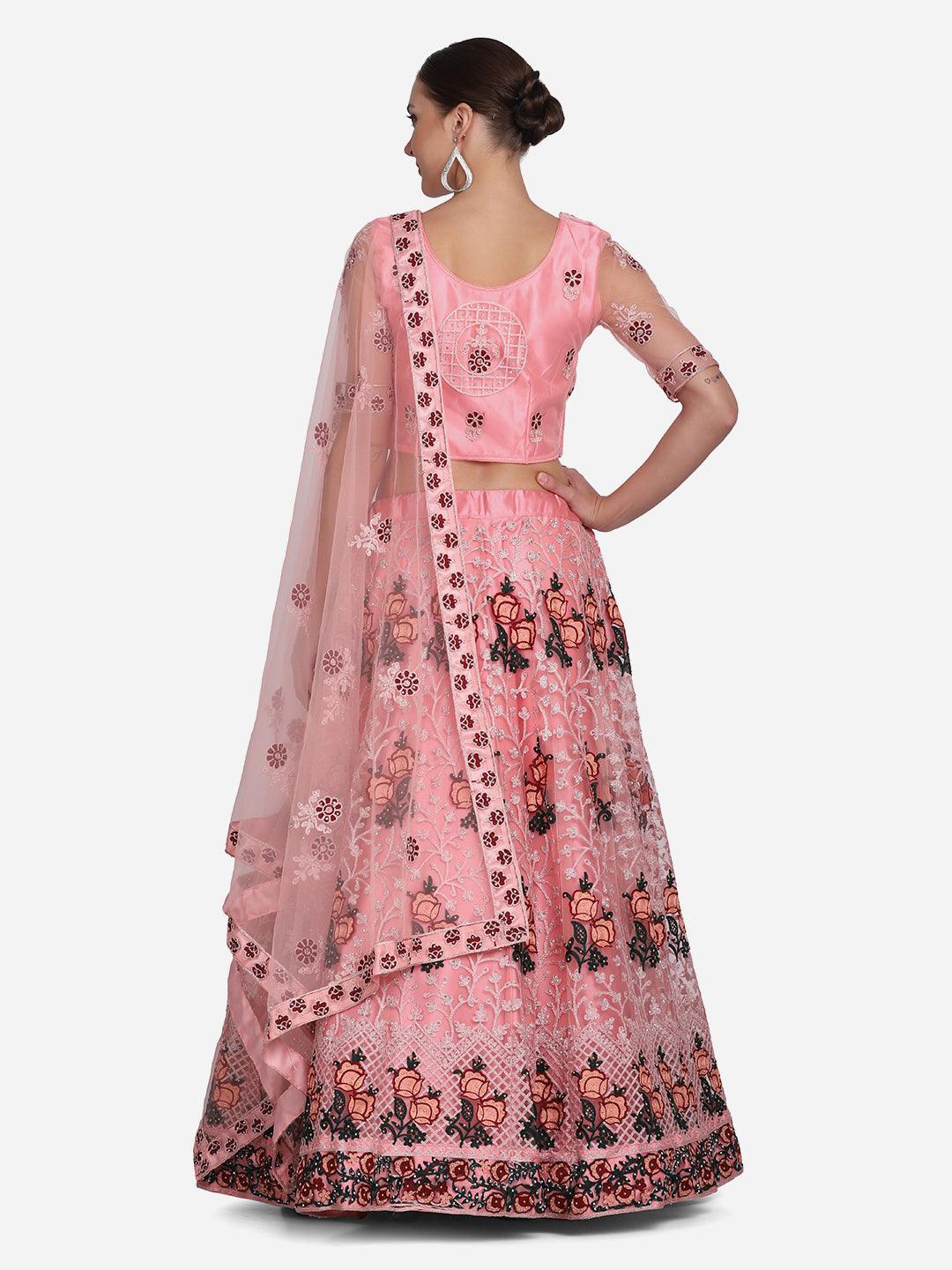 Light Pink Net Lehenga Choli with Ethnic Embroidery - Indiakreations