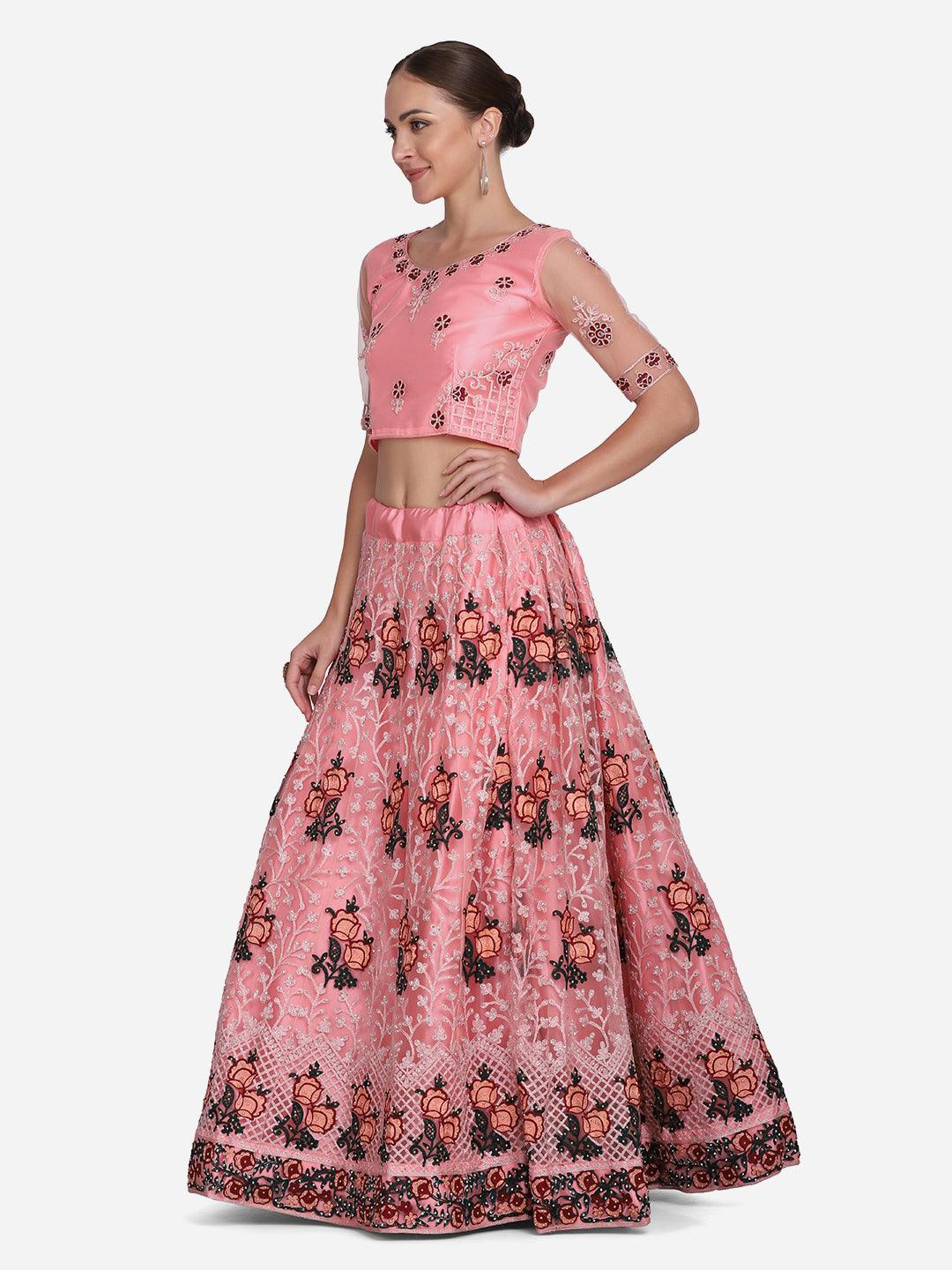 Light Pink Net Lehenga Choli with Ethnic Embroidery - Indiakreations