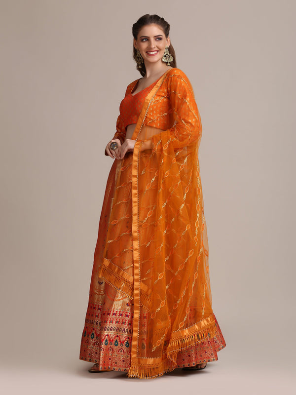 Mustard Jacquard Silk Lehenga Choli with Red and Gold Woven Work - Indiakreations