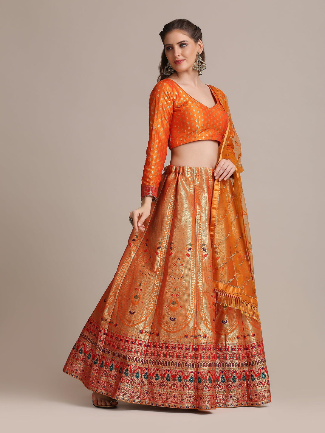 Mustard Jacquard Silk Lehenga Choli with Red and Gold Woven Work - Indiakreations