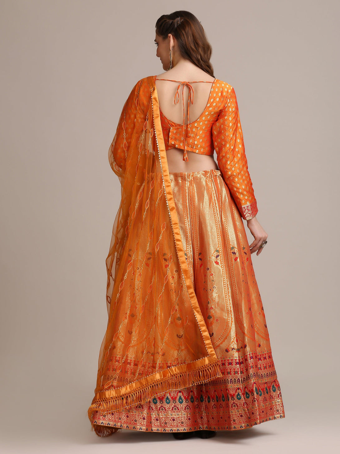 Mustard Jacquard Silk Lehenga Choli with Red and Gold Woven Work - Indiakreations