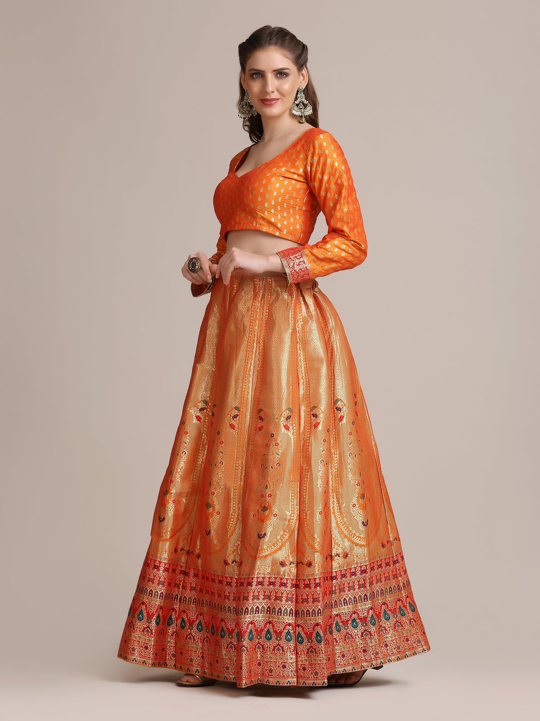 Mustard Jacquard Silk Lehenga Choli with Red and Gold Woven Work - Indiakreations