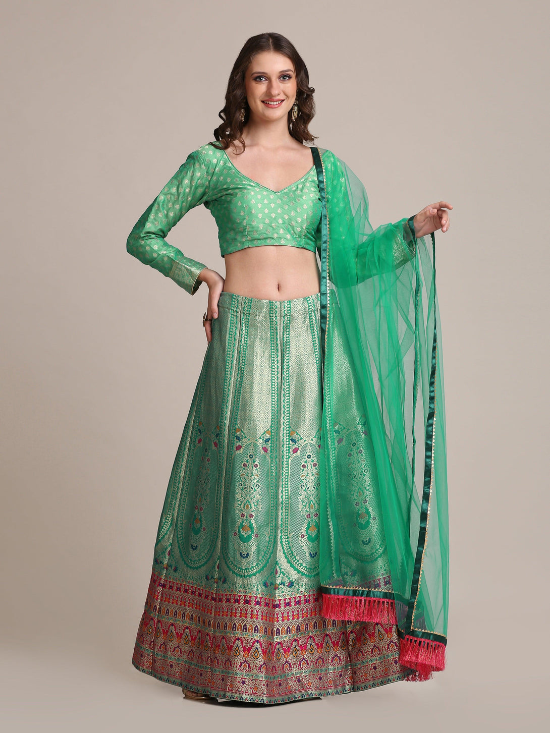 Rama Jacquard Silk Lehenga Choli with Gold Woven Work - Indiakreations