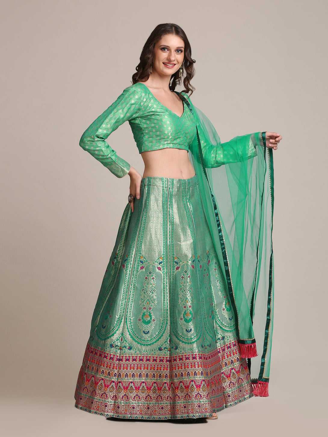 Rama Jacquard Silk Lehenga Choli with Gold Woven Work - Indiakreations