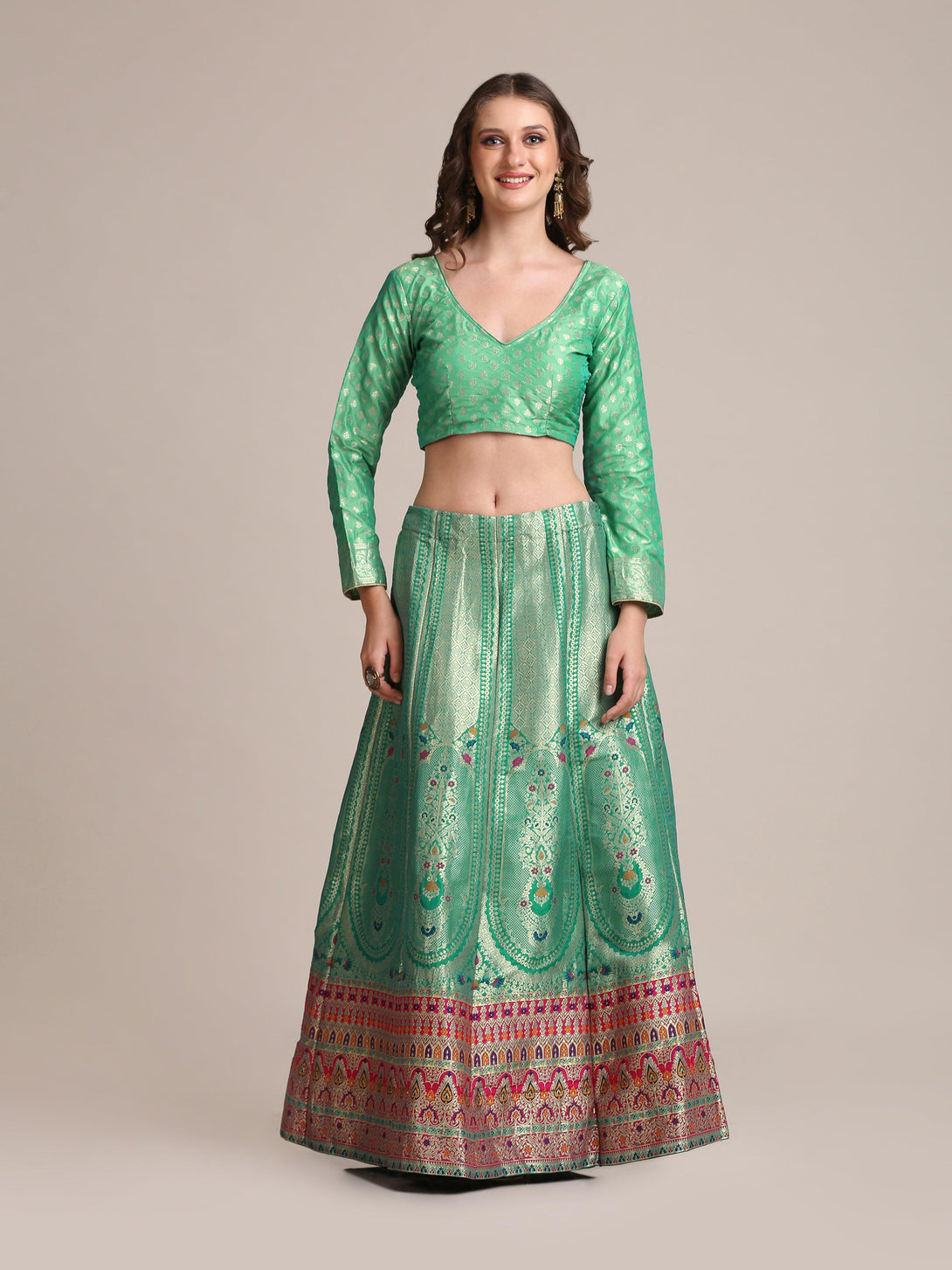 Rama Jacquard Silk Lehenga Choli with Gold Woven Work - Indiakreations