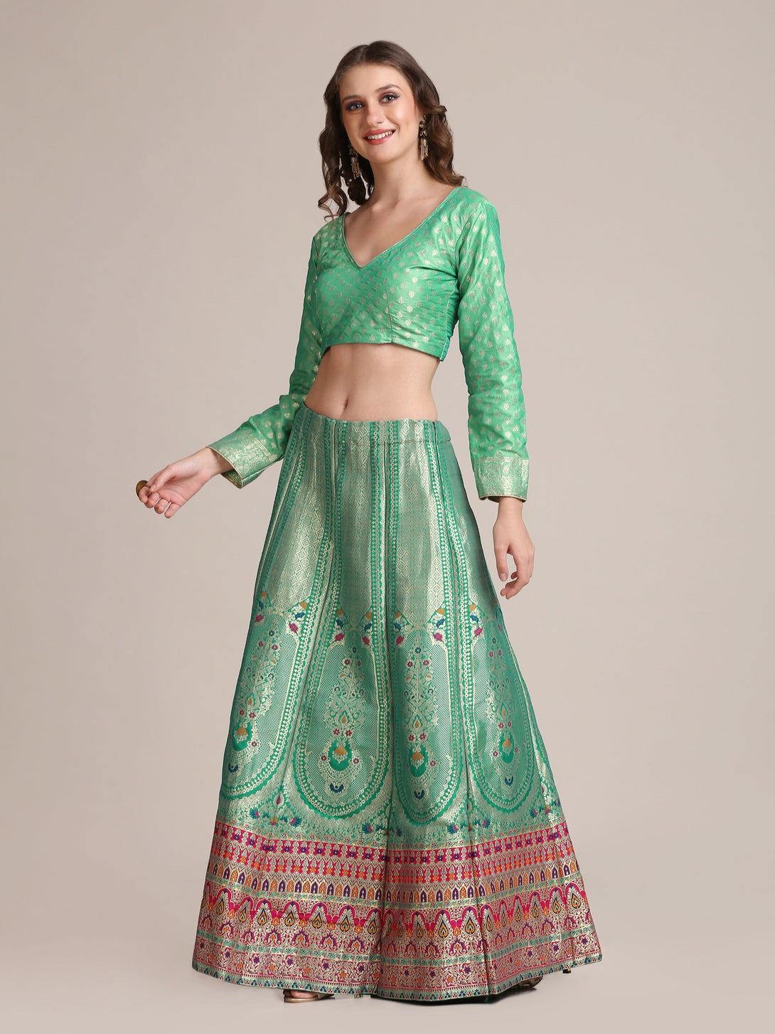 Rama Jacquard Silk Lehenga Choli with Gold Woven Work - Indiakreations