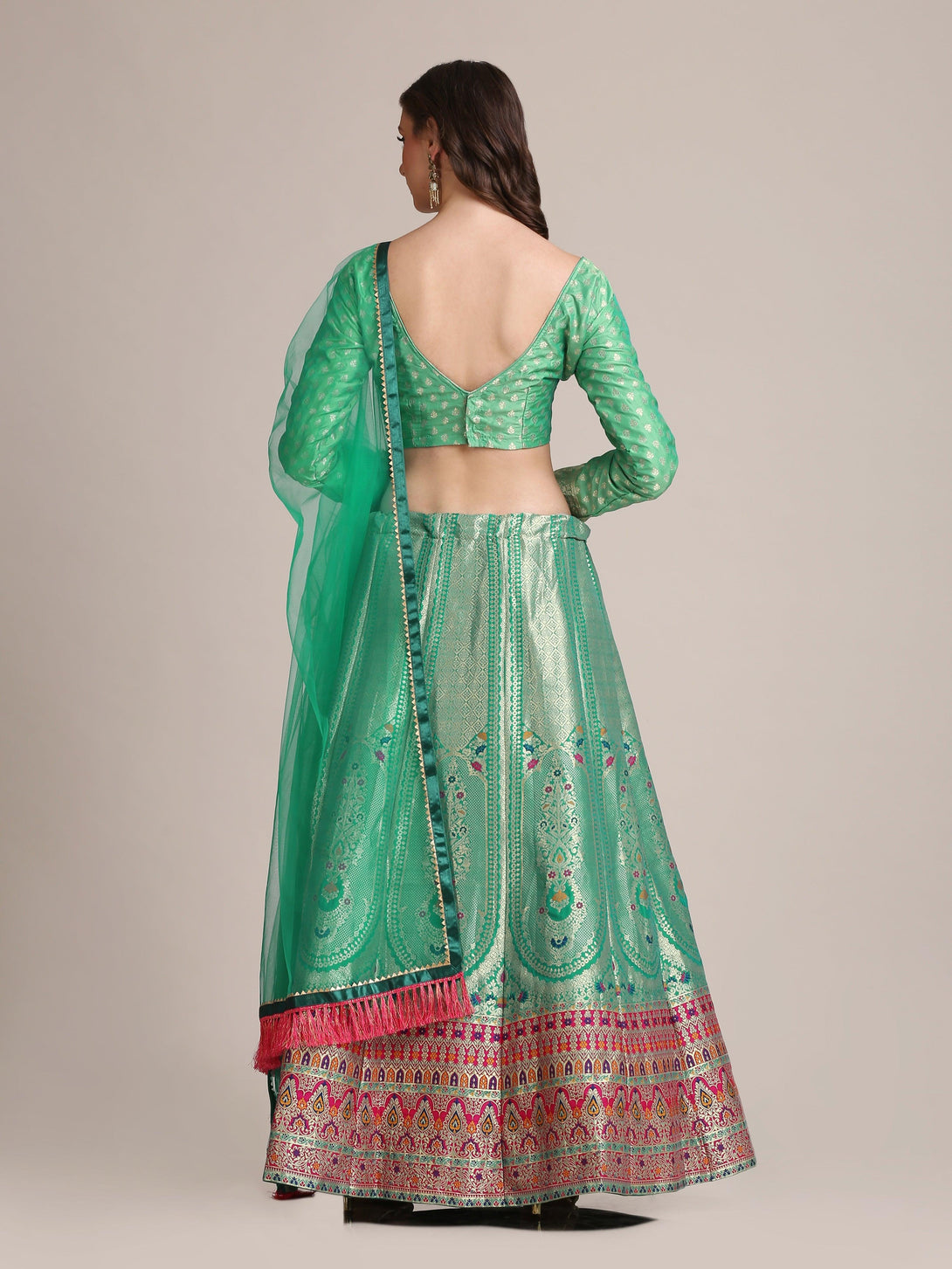 Rama Jacquard Silk Lehenga Choli with Gold Woven Work - Indiakreations