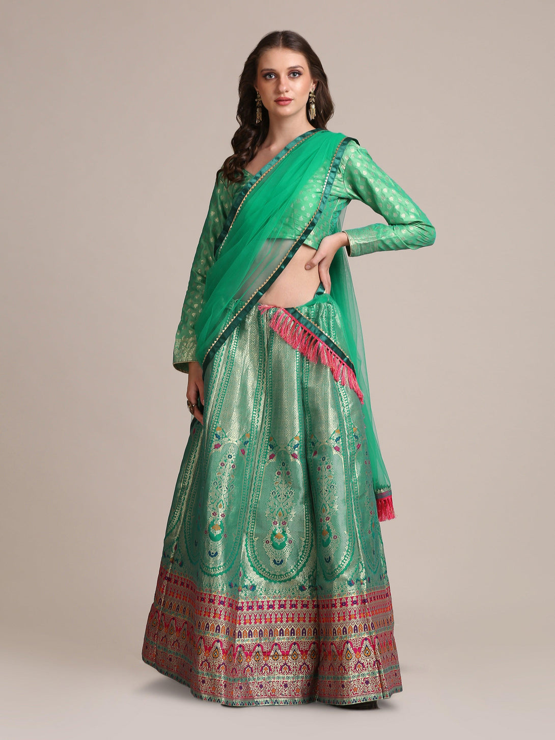 Rama Jacquard Silk Lehenga Choli with Gold Woven Work - Indiakreations