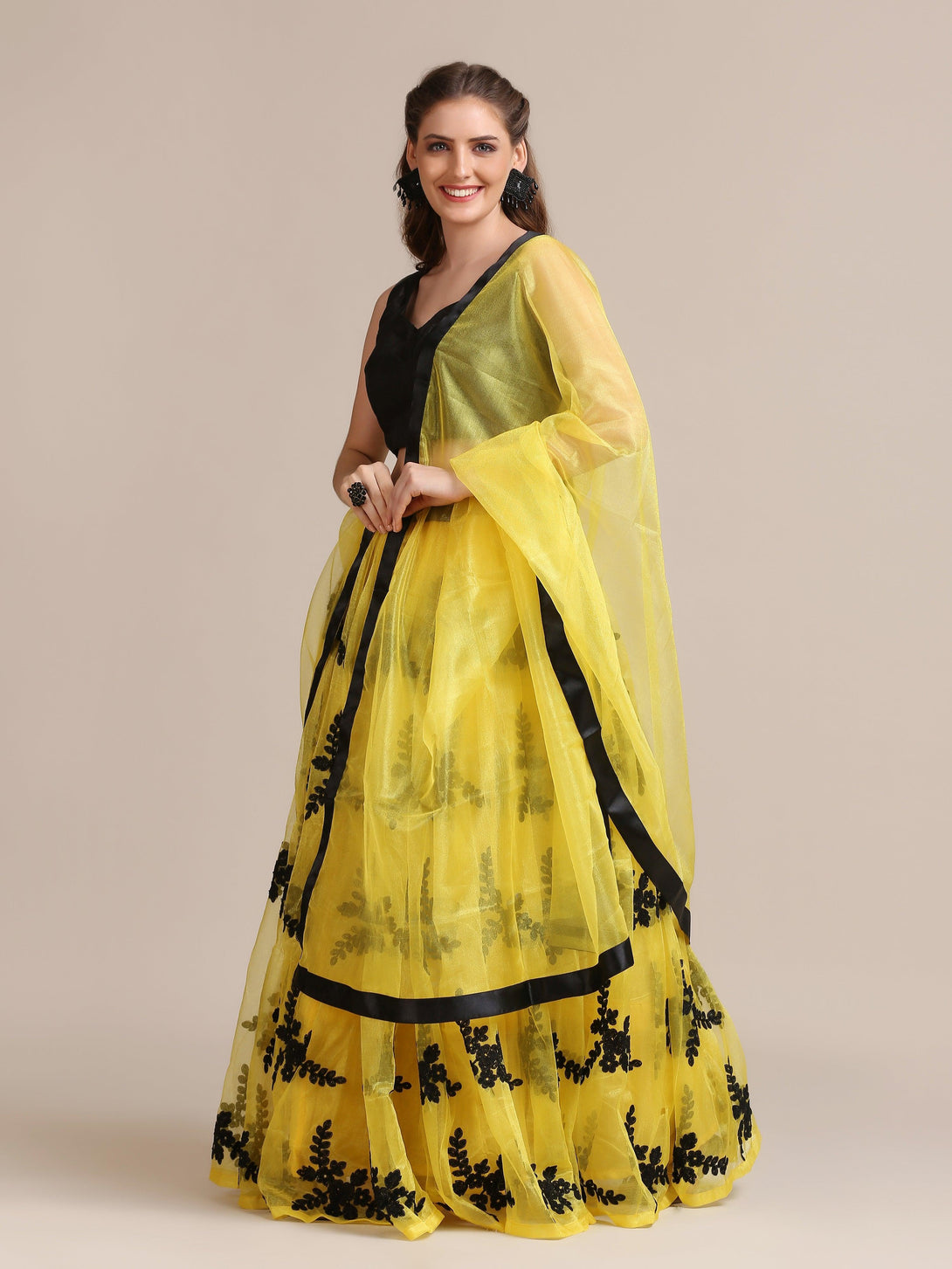 Yellow and Black Heavy Net Lehenga Choli Semi-Stitched - Indiakreations