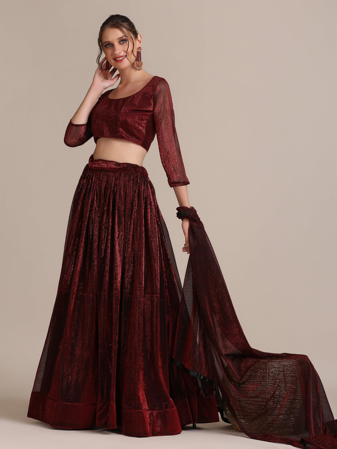 Maroon Shimmery Lehenga Choli Semi-Stitched - Indiakreations