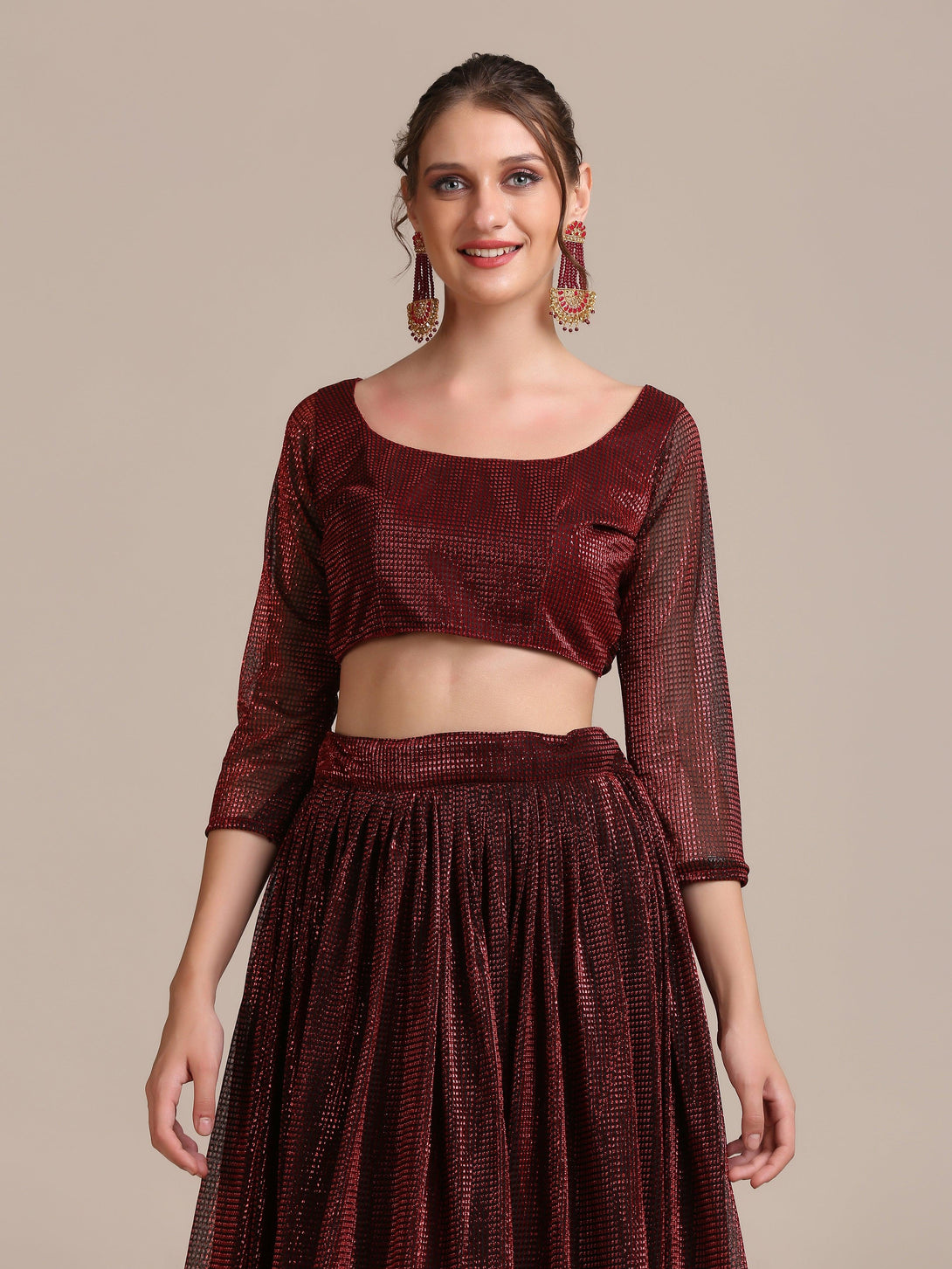 Maroon Shimmery Lehenga Choli Semi-Stitched - Indiakreations