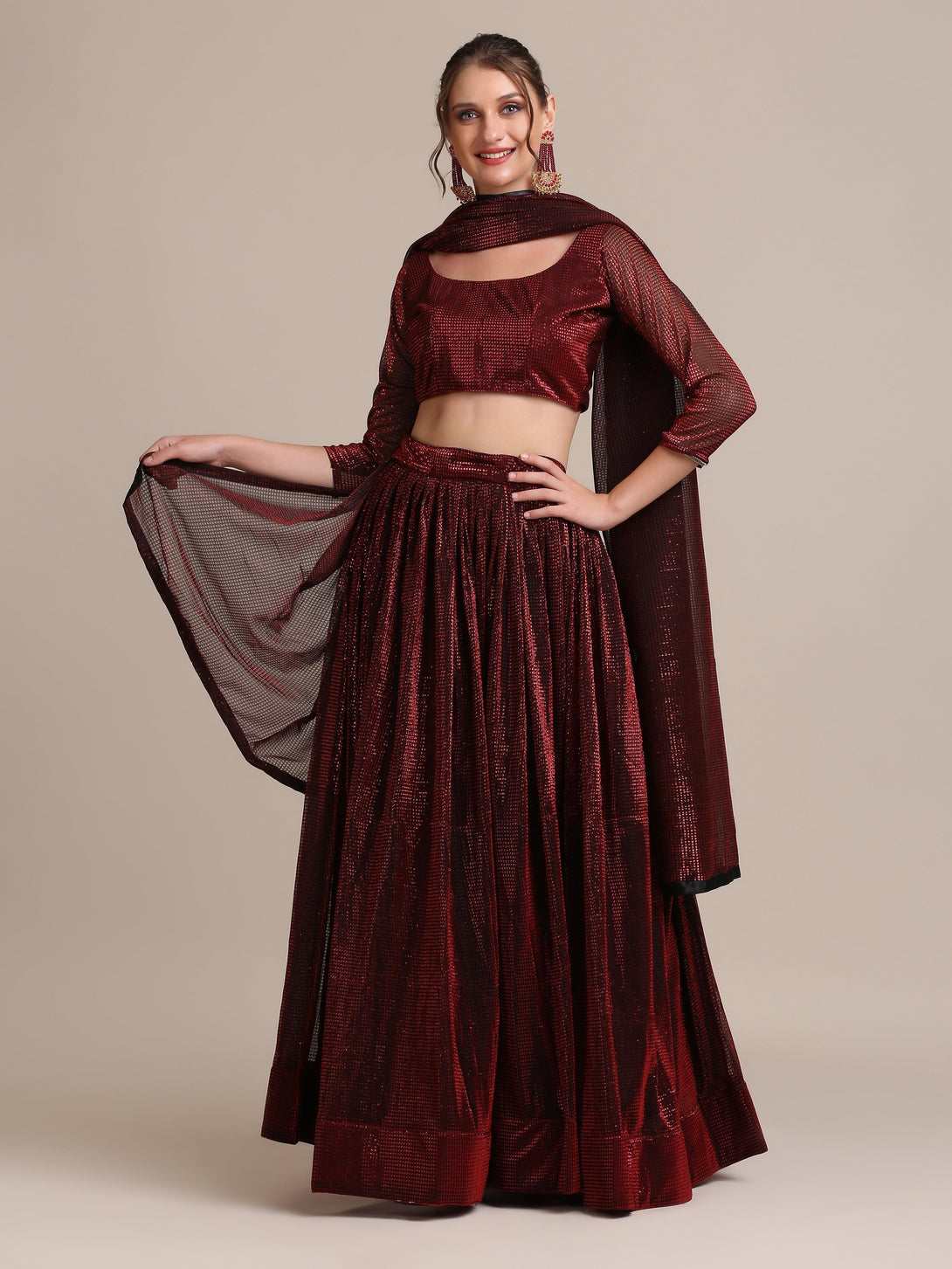 Maroon Shimmery Lehenga Choli Semi-Stitched - Indiakreations