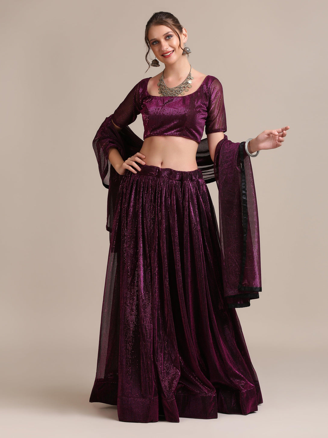 Purple Shimmery Lehenga Choli Semi-Stitched - Indiakreations