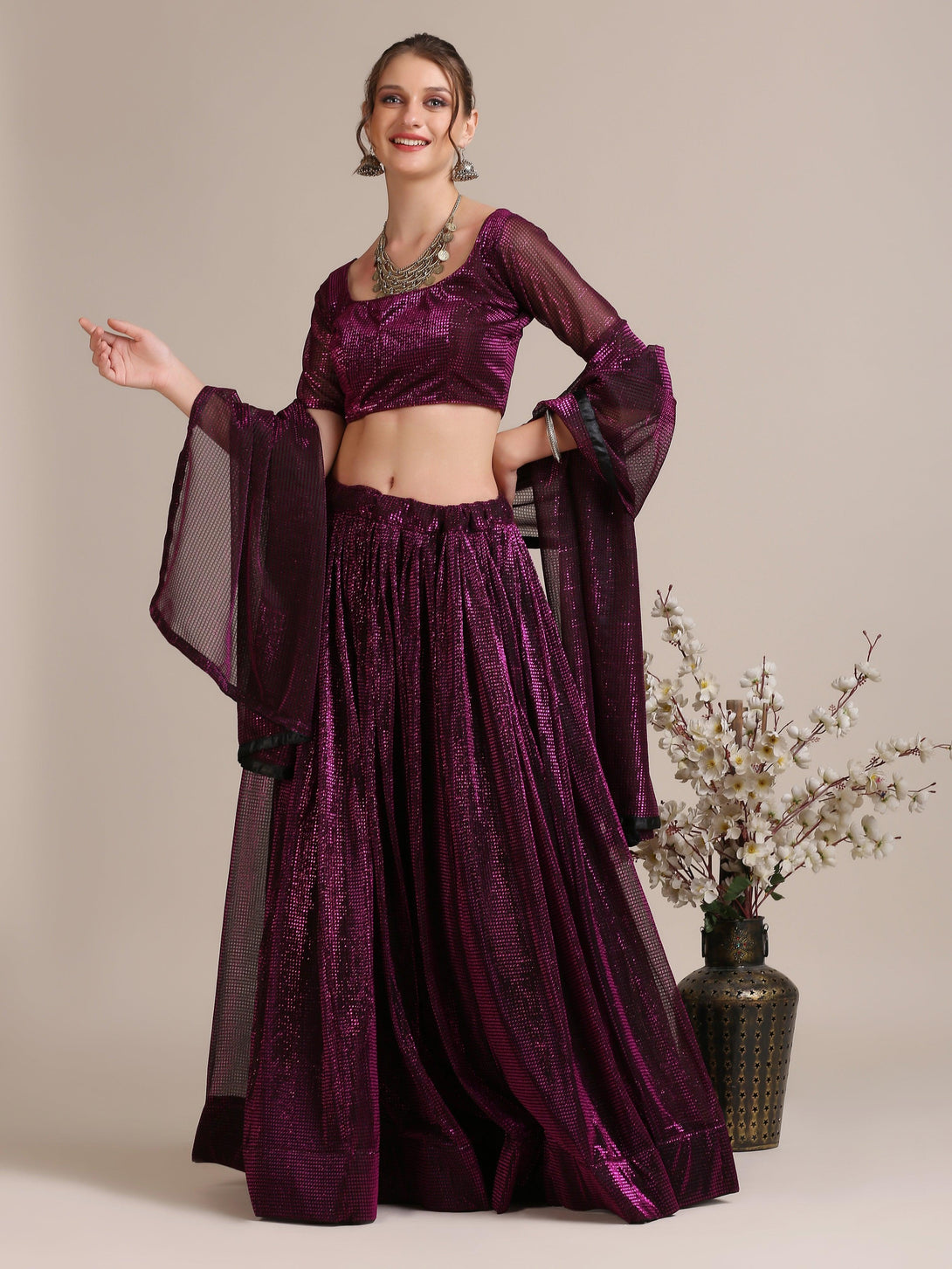 Purple Shimmery Lehenga Choli Semi-Stitched - Indiakreations