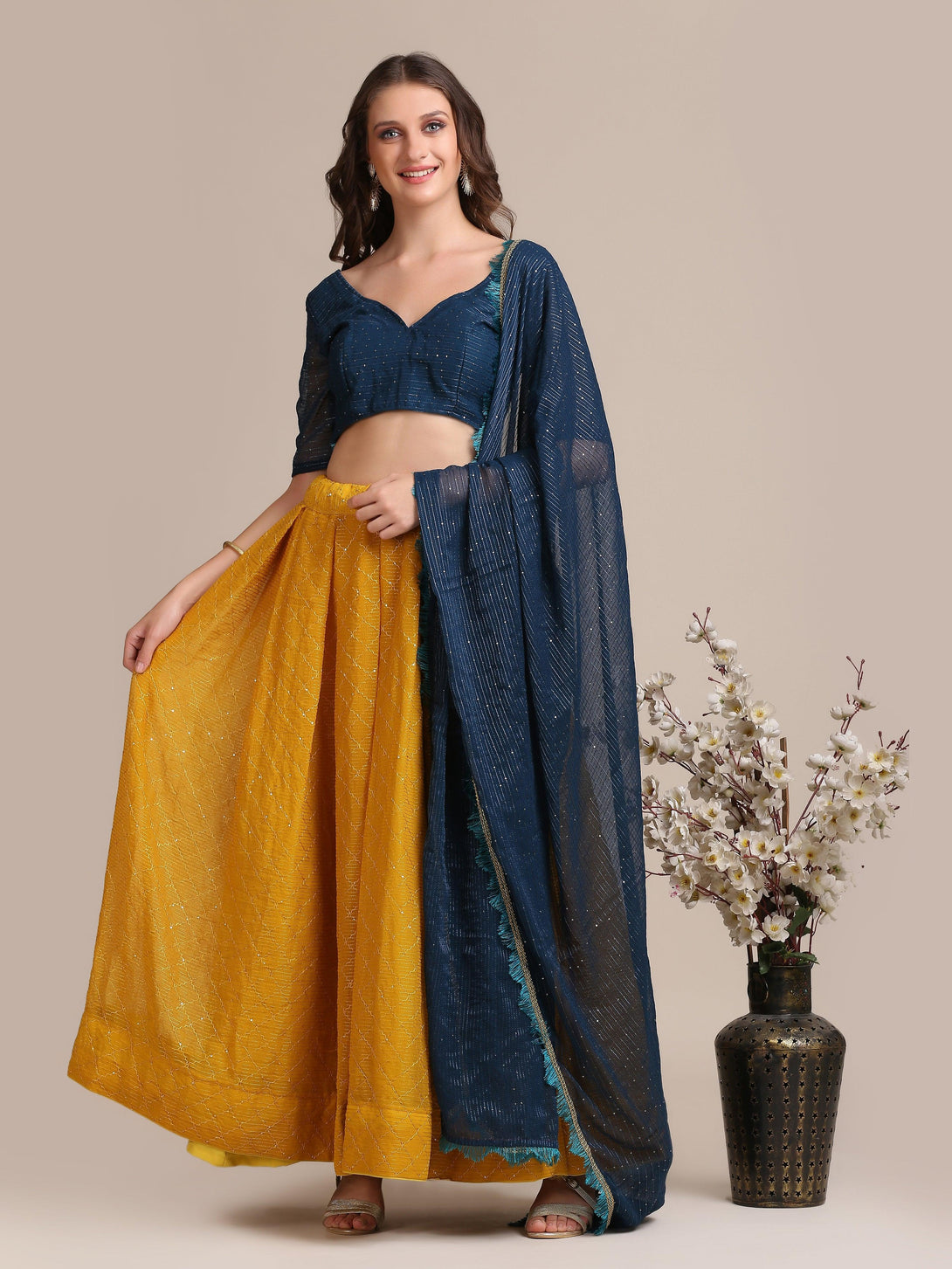 Yellow and Blue Georgette Lehenga Choli with Sequin Embroidery - Indiakreations