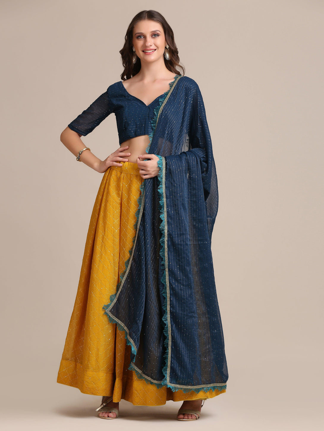 Yellow and Blue Georgette Lehenga Choli with Sequin Embroidery - Indiakreations