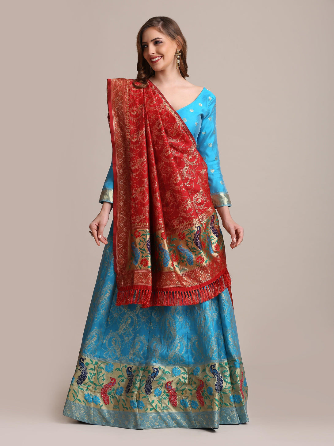 Light Blue Jacquard Silk Lehenga Choli with Gold Woven Work - Indiakreations