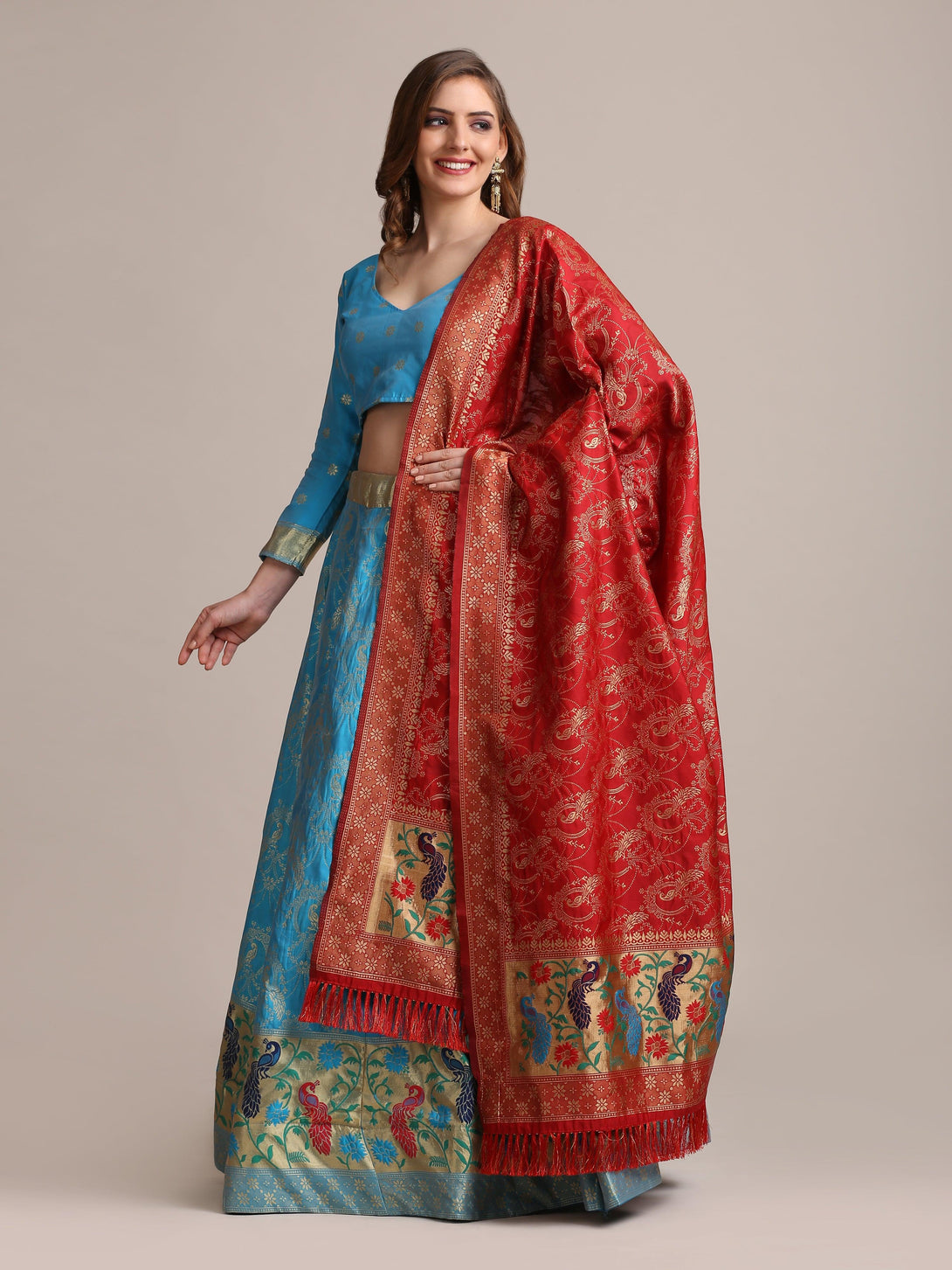 Light Blue Jacquard Silk Lehenga Choli with Gold Woven Work - Indiakreations