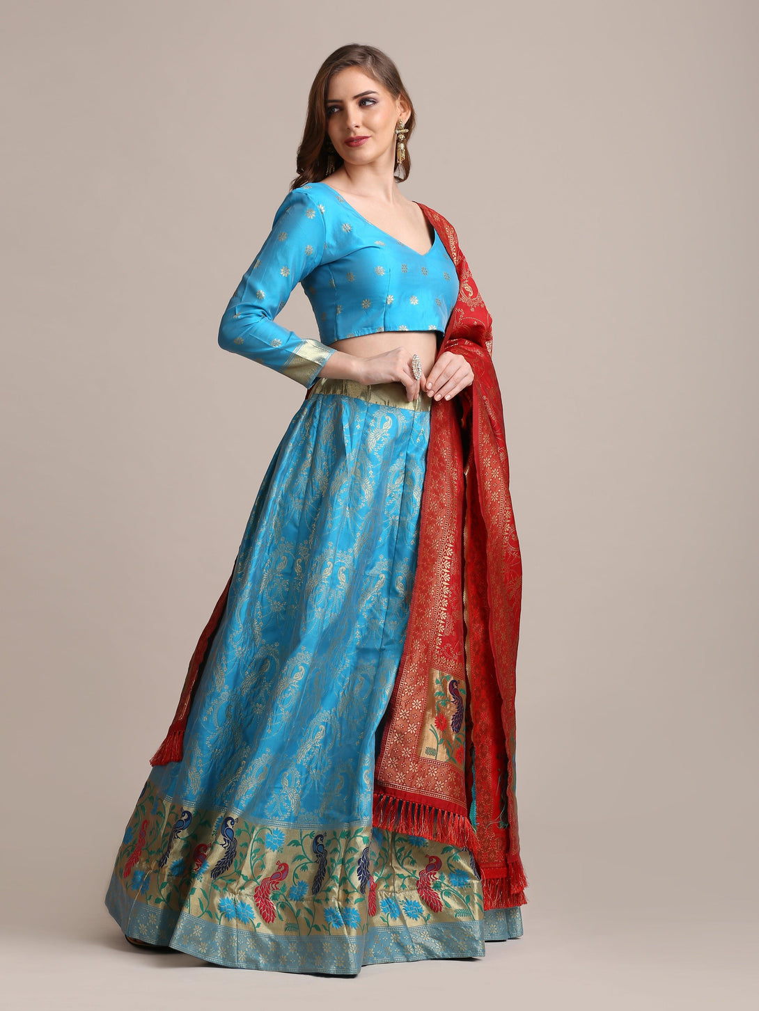 Light Blue Jacquard Silk Lehenga Choli with Gold Woven Work - Indiakreations