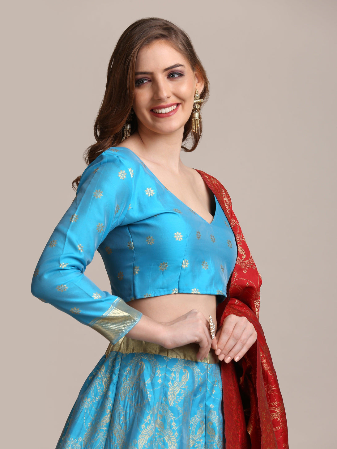 Light Blue Jacquard Silk Lehenga Choli with Gold Woven Work - Indiakreations